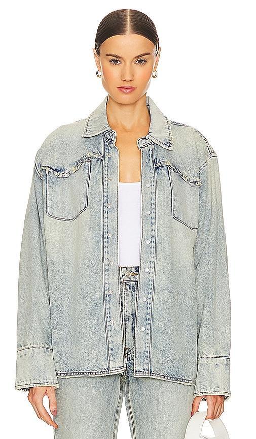 GRLFRND Emerson Western Shirt Jacket in Blue. Product Image