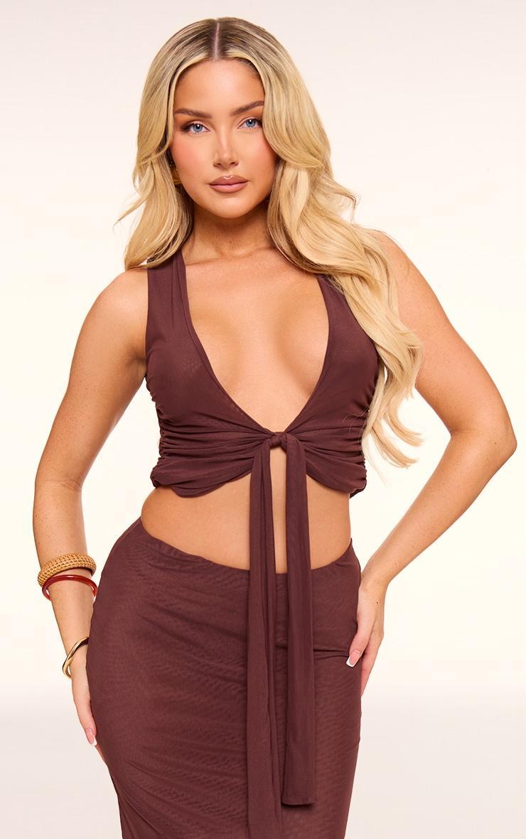  Chocolate Mesh Plunge Ruched Long Top Product Image