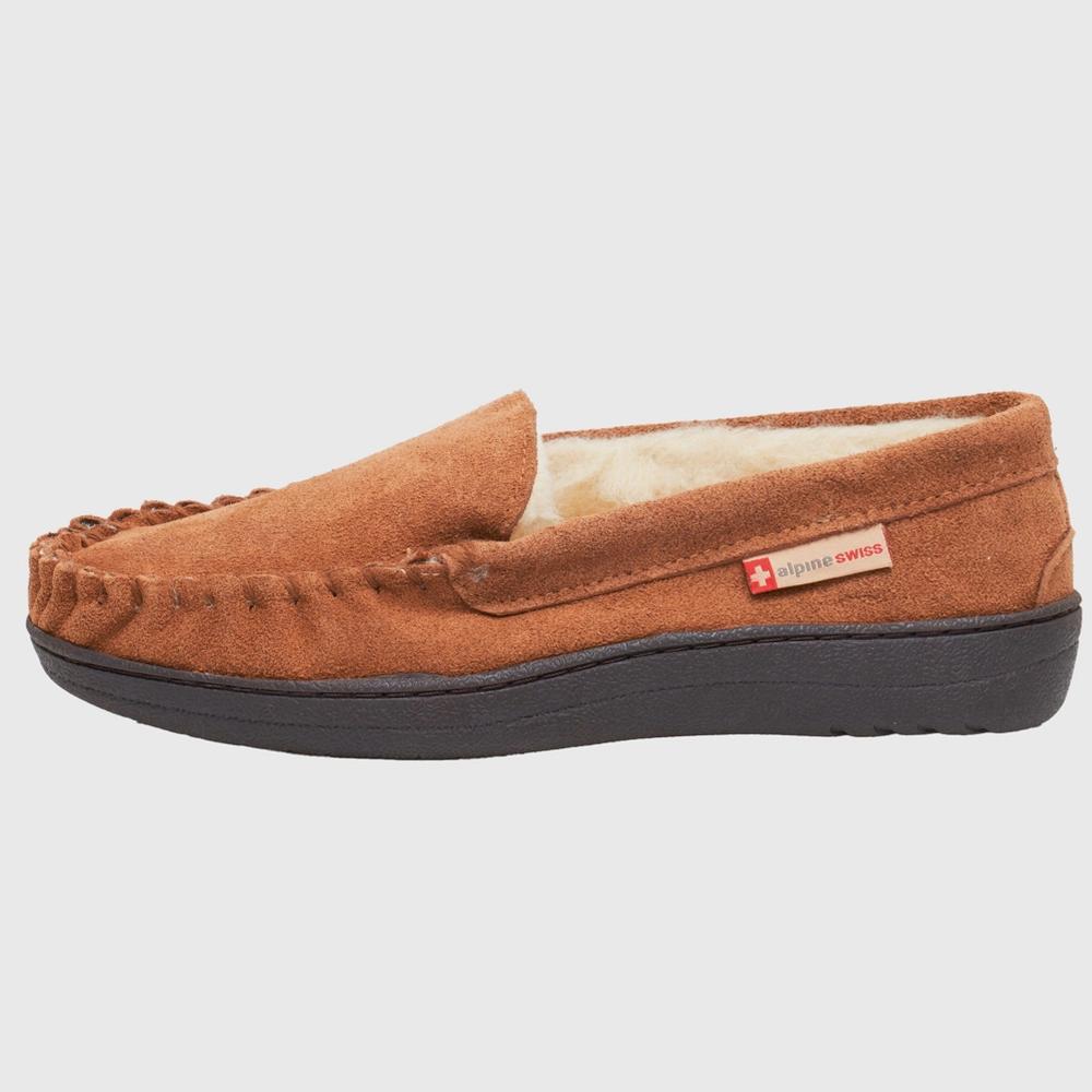 Alpine Swiss Yukon Mens Suede Shearling Slip On Moccasin Slippers Chestnut 10 M US Product Image