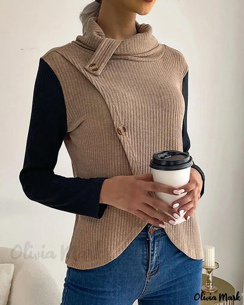 Olivia Mark – Stylish Colorblock Wrap Knit Top with Button Detailing Product Image