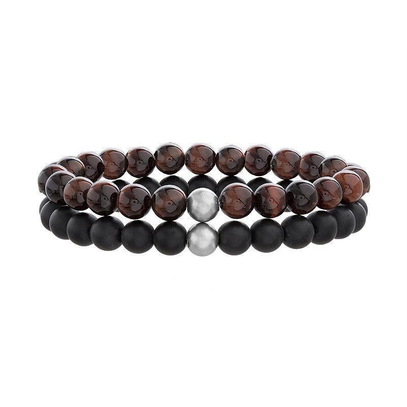 1913 Mens Red Tiger Eye & Glass Beads Stretch Bracelet Set Product Image