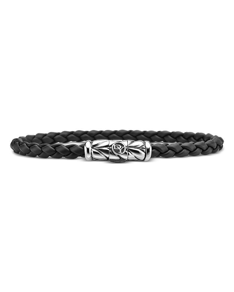 Mens Chevron Woven Bracelet in Black Rubber and Sterling Silver, 6mm Product Image