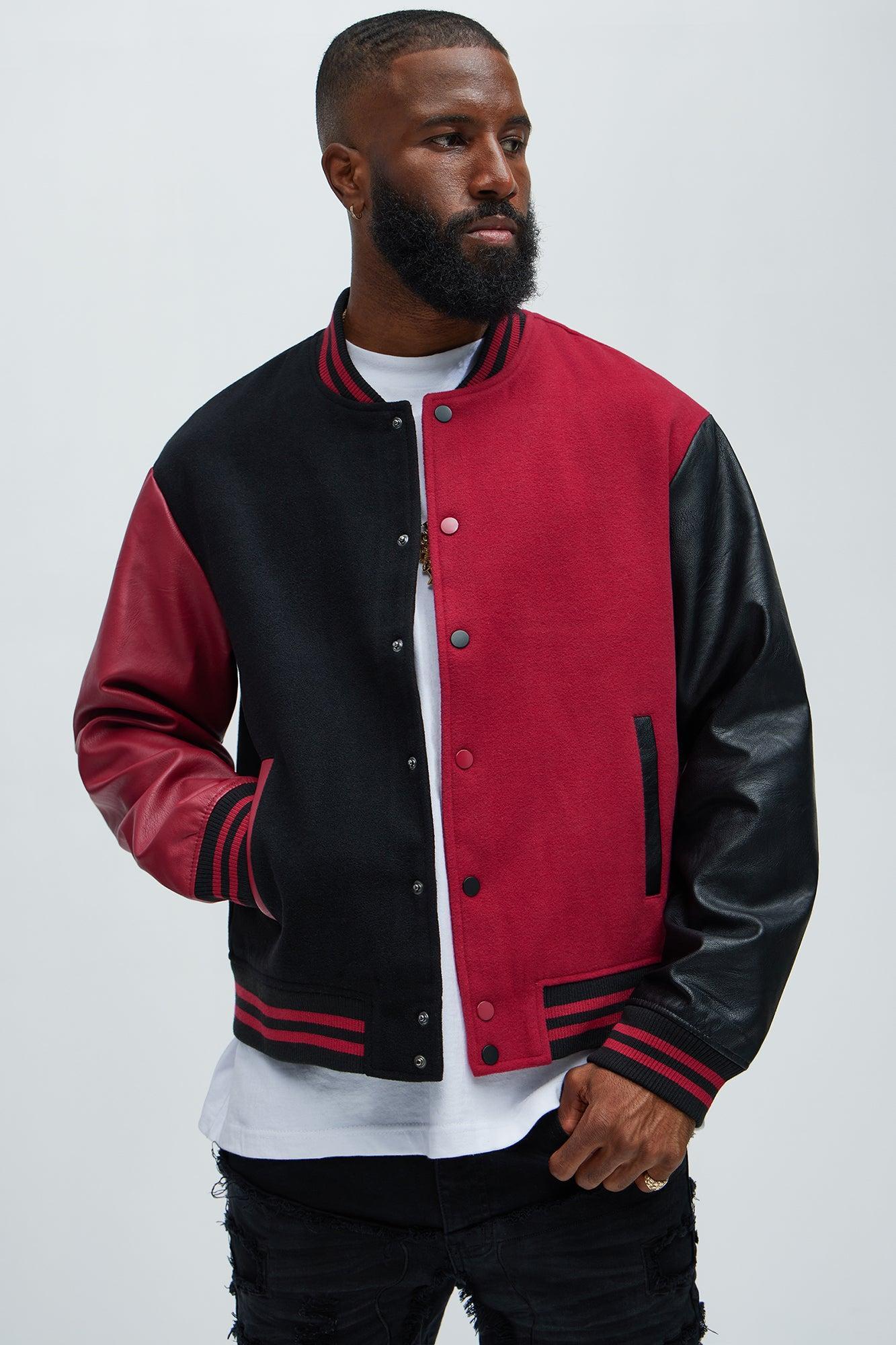 For The Books Faux Leather Sleeves Colorblock Varsity Jacket - Black/Red Product Image