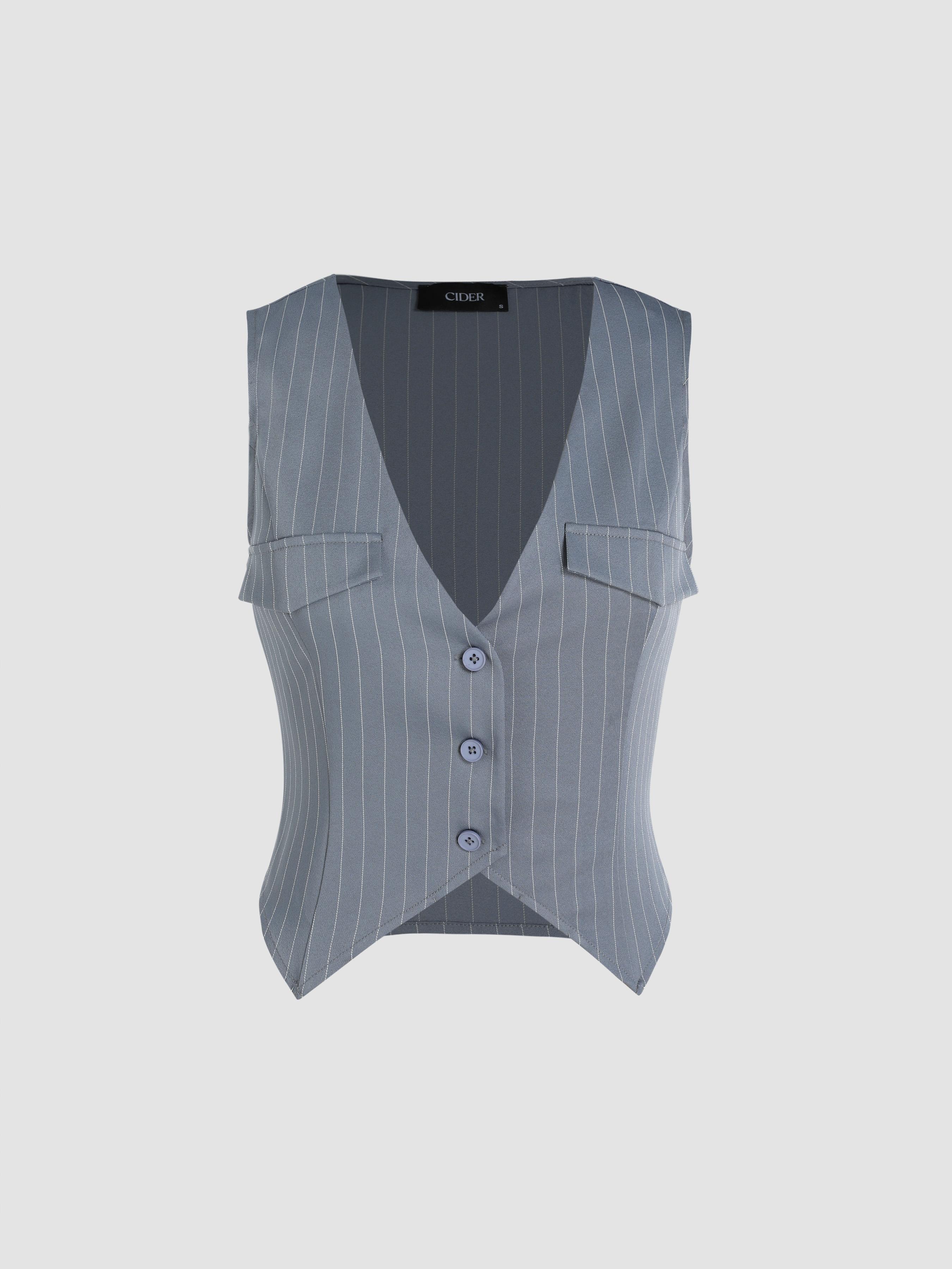 Striped Button Up V-neck Crop Vest Product Image