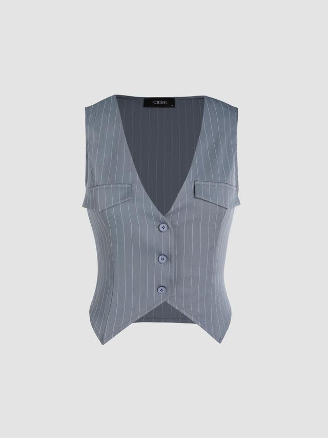 Striped Button Up V-neck Crop Vest Product Image