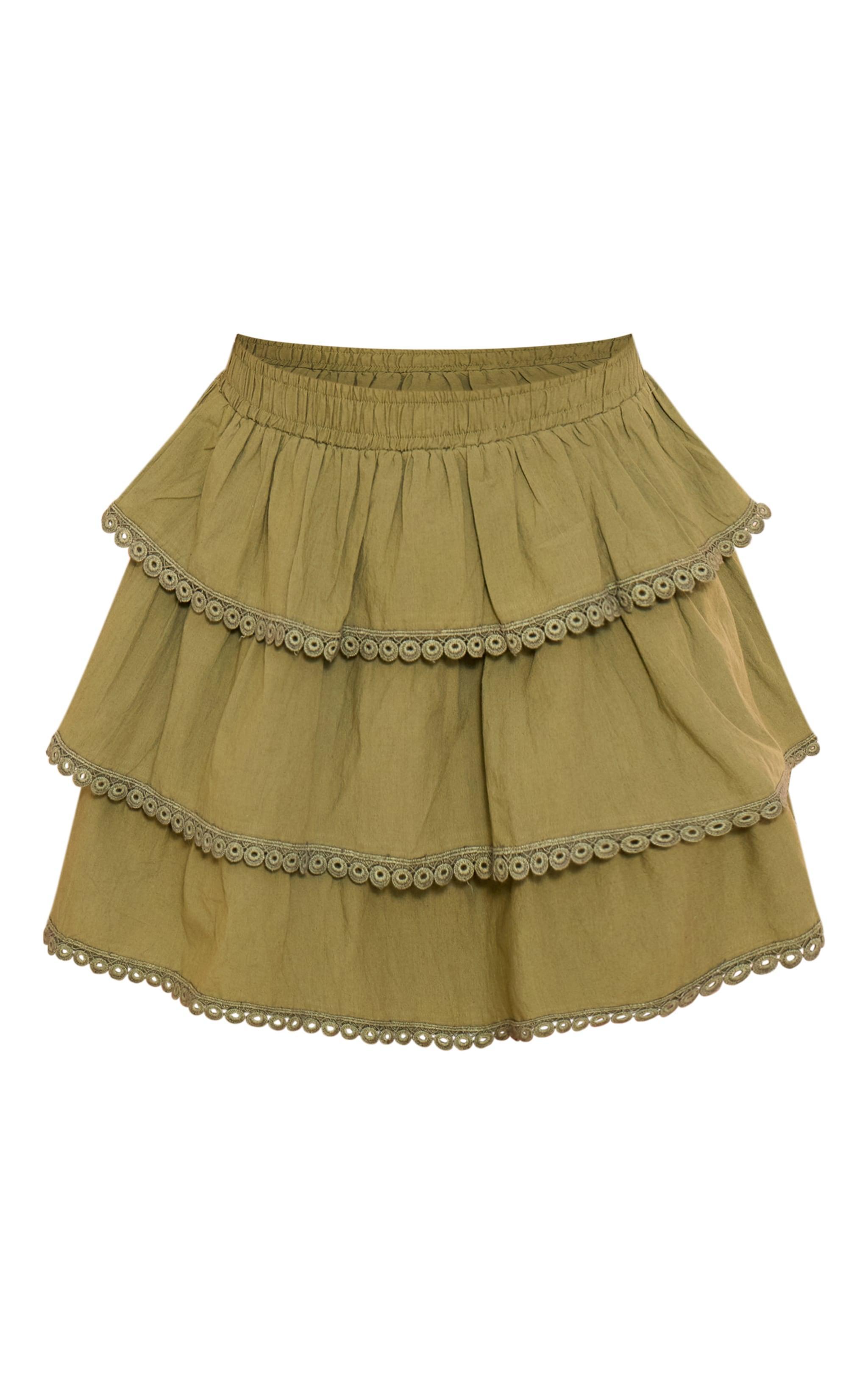 Khaki Broderie Trim Tiered Mini Skirt Product Image