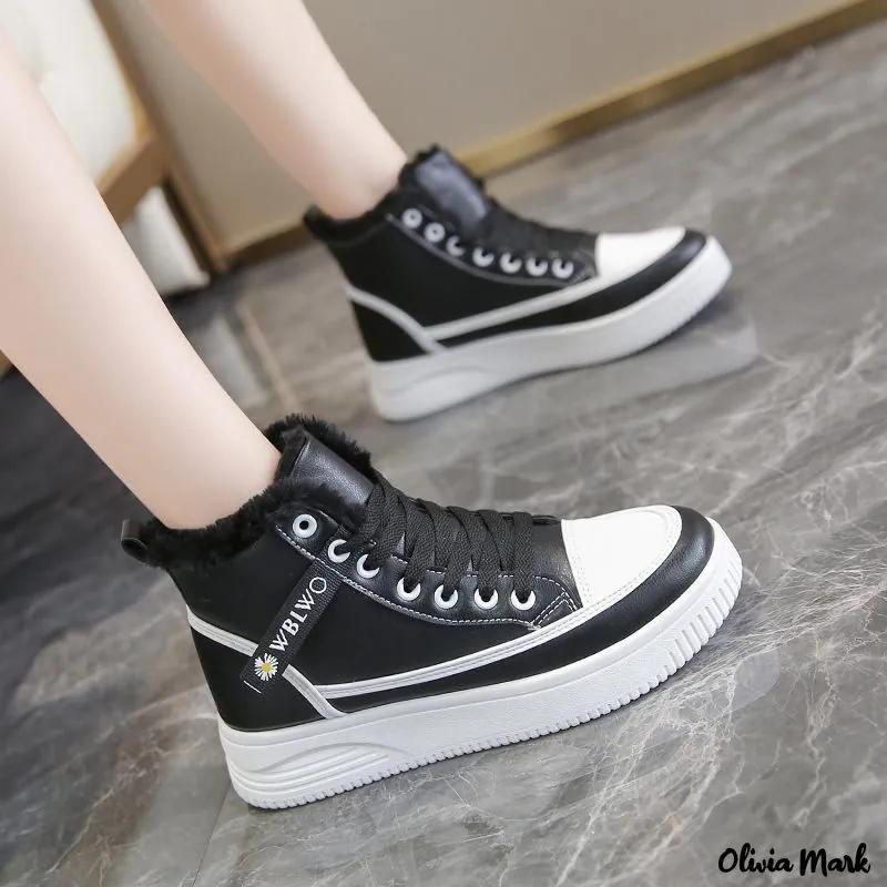 Olivia Mark – Fleece-Lined High-Top White Sneakers Winter Warmth Platform Casual Cotton Shoes Product Image