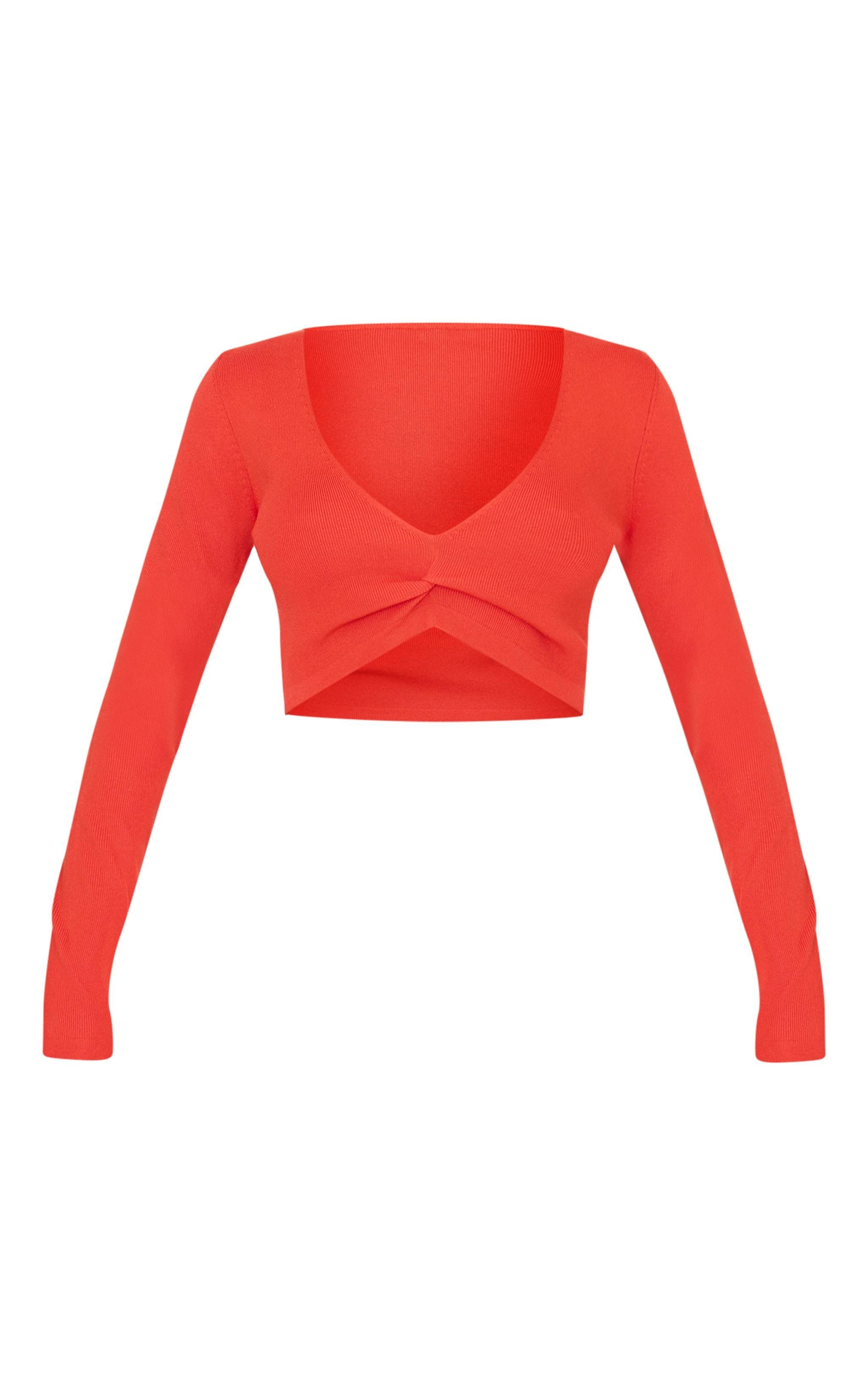 Red Soft Rib Knit Twist Front Long Sleeve Top Product Image