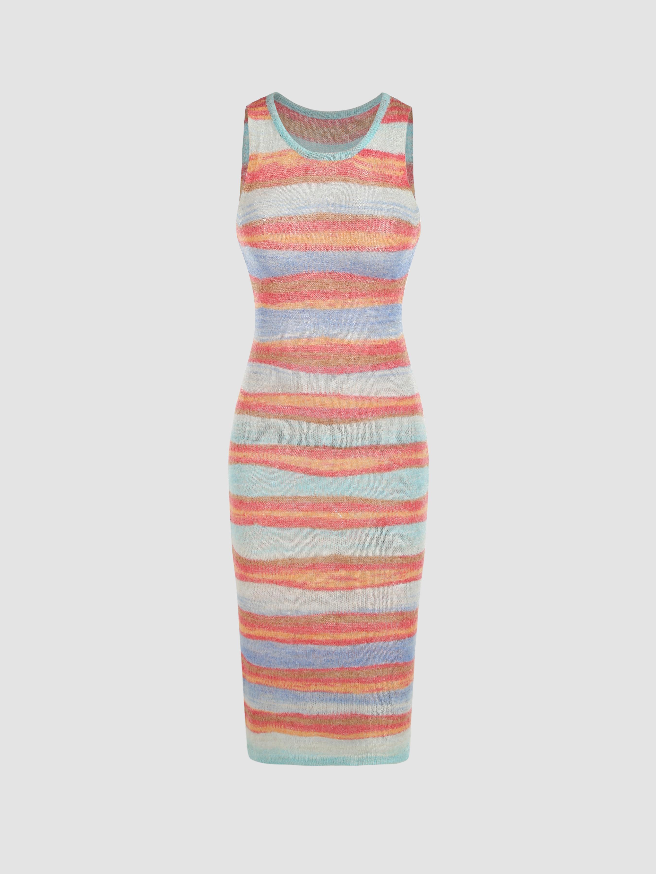 Wool-blend Round Neckline Striped Knitted Maxi Dress Product Image