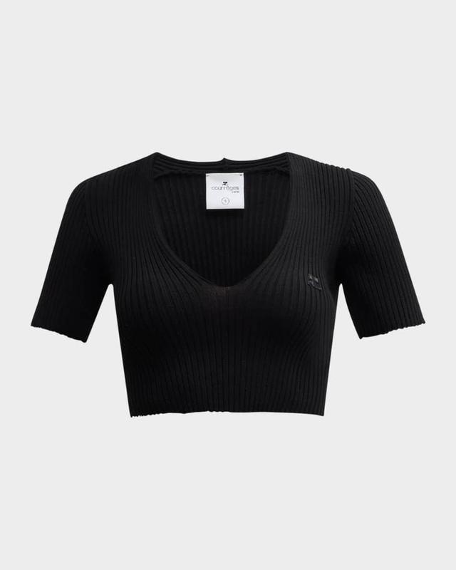 V-Neck Short-Sleeve Rib Crop Sweater Product Image