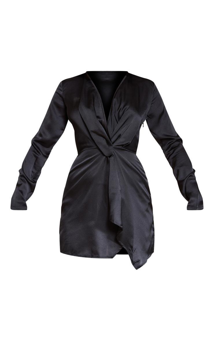 Black Satin Long Sleeve Wrap Dress Product Image