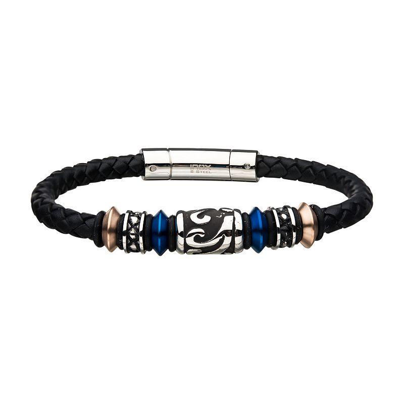 Mens Black Leather & Stainless Steel Beaded Bracelet Silver Tone Product Image