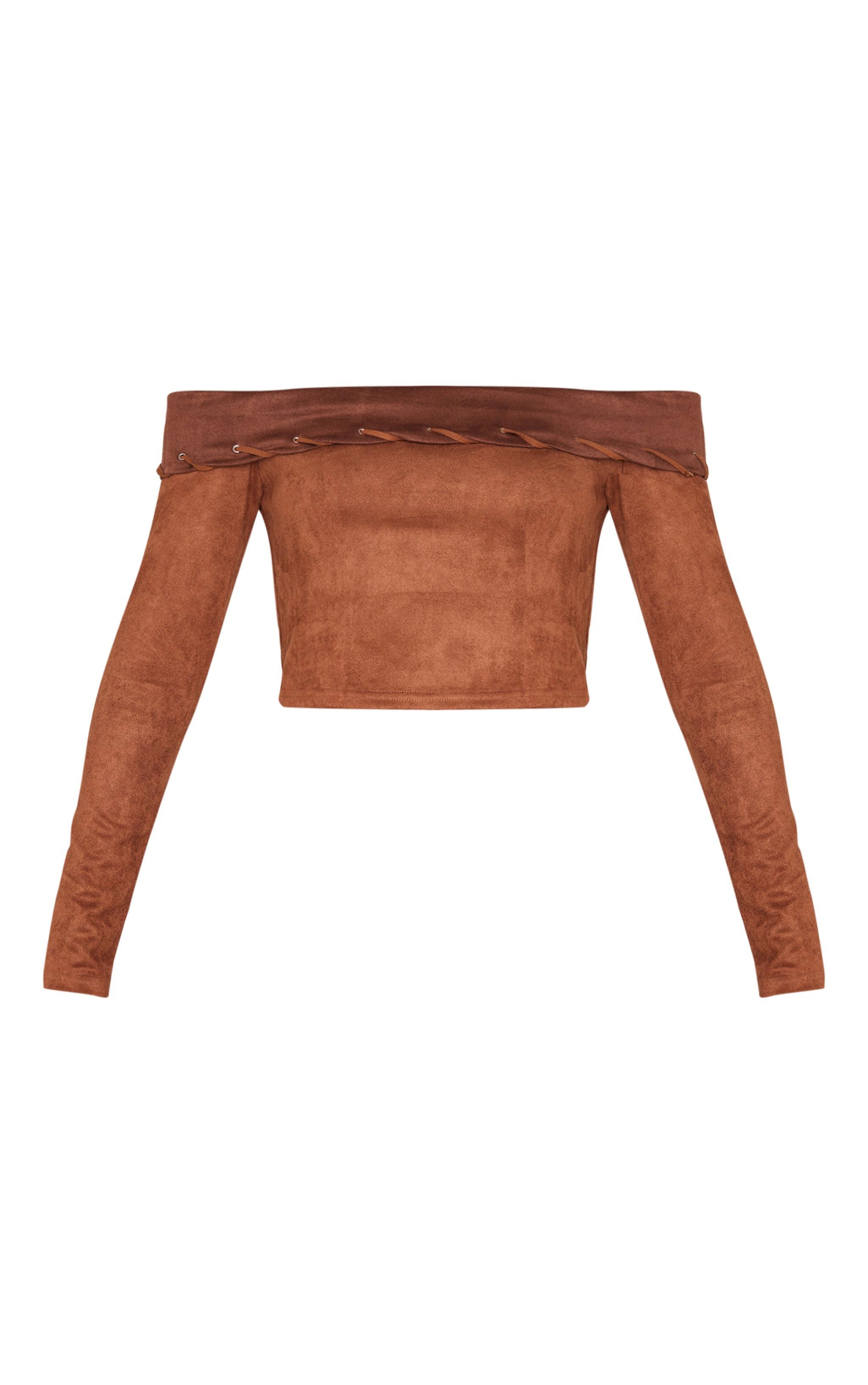 Brown Faux Suede Contrast Foldover Stitch Detail Bardot Top Product Image