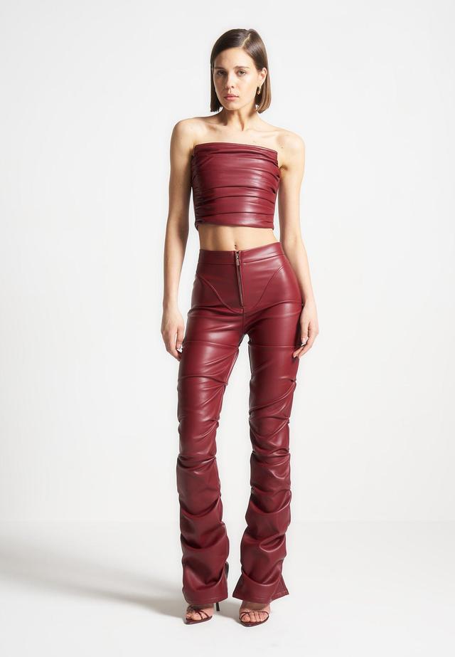 Tacked Vegan Leather Flared Trousers - Wine Red Female Product Image