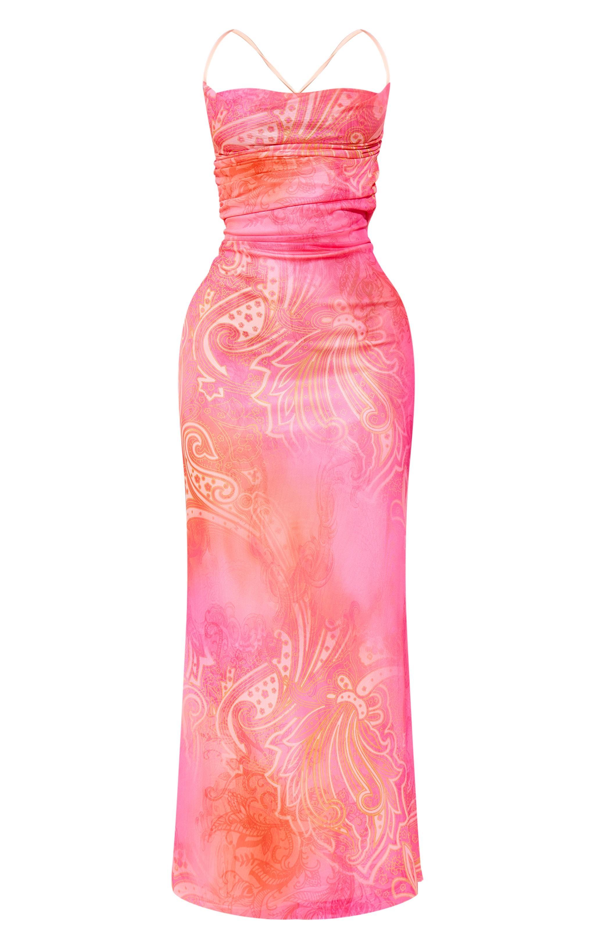 Pink Abstract Print Mesh Cross Back Maxi Dress Product Image