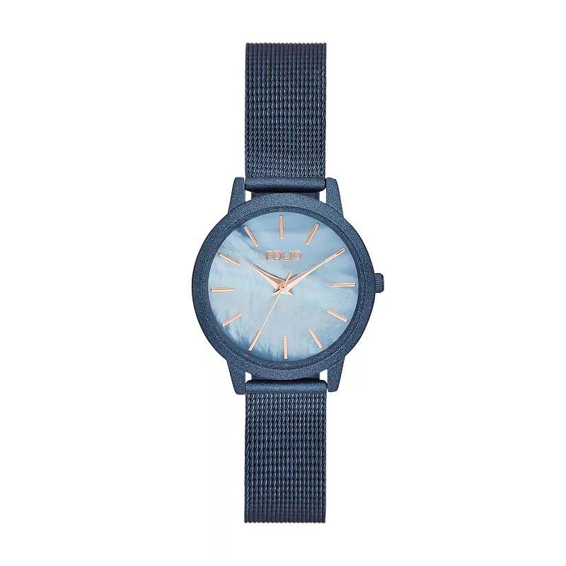 Folio Womens Mesh Mother-Of-Pearl Dial Watch, Blue Product Image