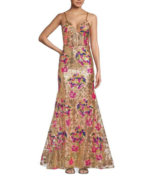 Dear Moon Pattern Floral Sequin Corset Lace-Up Back Long Dress Product Image