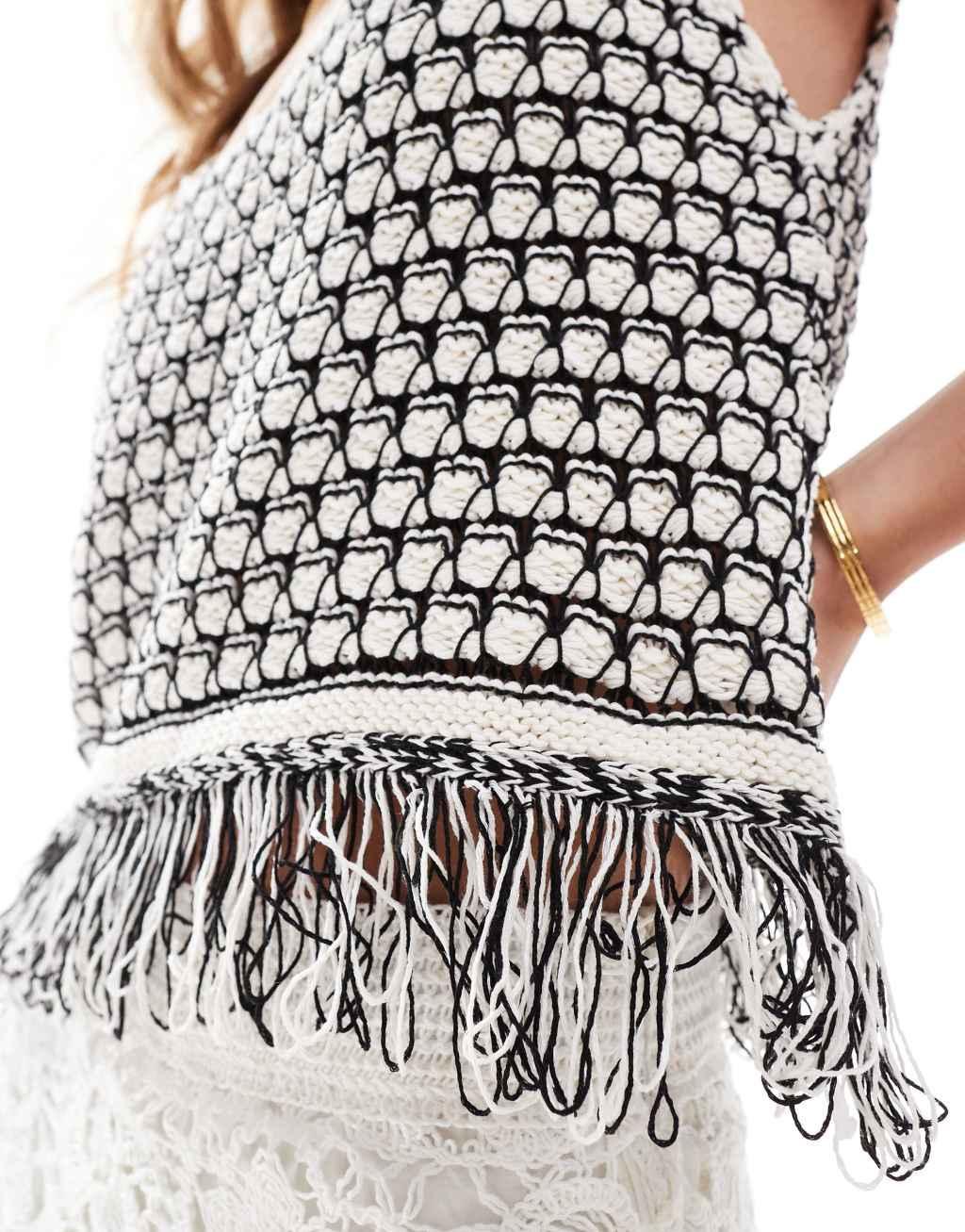 ASOS DESIGN knit tank top with tassel trim in mono Product Image