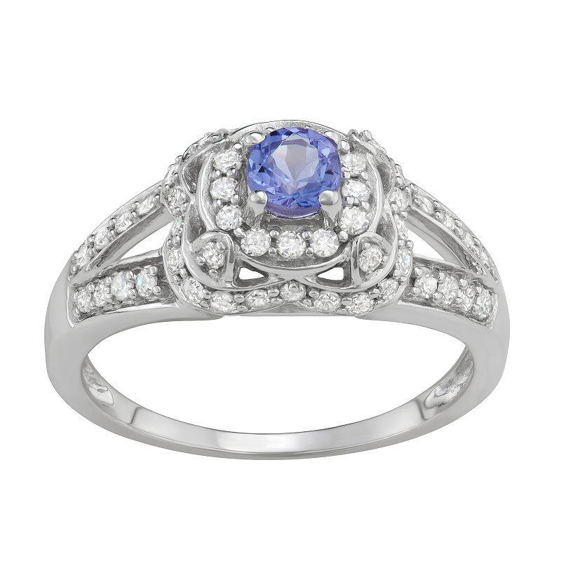 14k White Gold 1/2 Carat T.W. Diamond & Tanzanite Halo Engagement Ring, Womens Purple Product Image