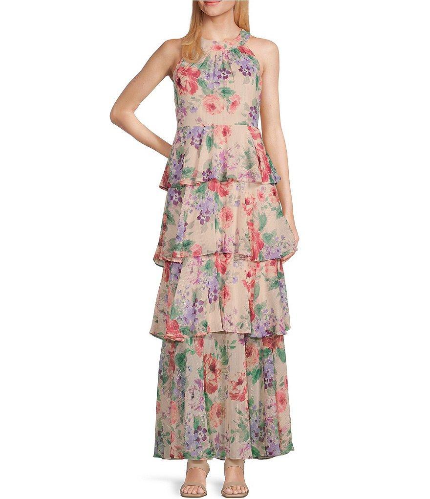 Jessica Howard Petite Size Sleeveless Halter Neck Tiered Skirt Floral Maxi Dress Product Image