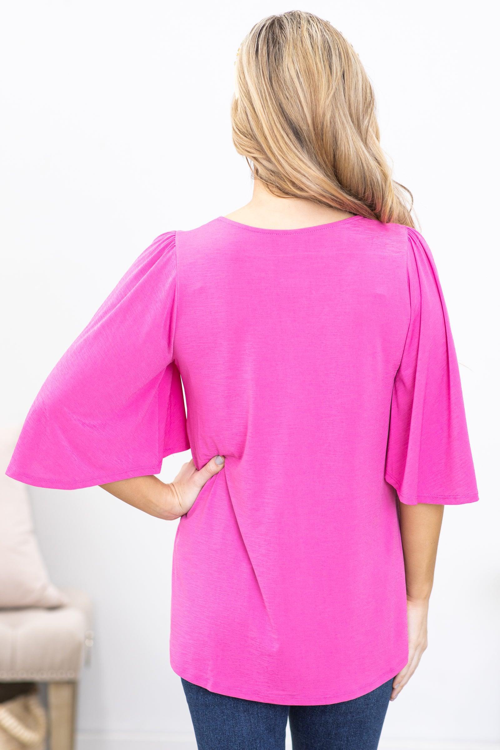 Magenta Short Sleeve V-Neck Wrinkle Free Top Product Image