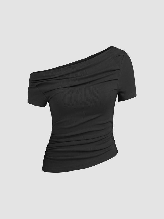 Asymmetrical Neck Ruched Short Sleeve Top Product Image