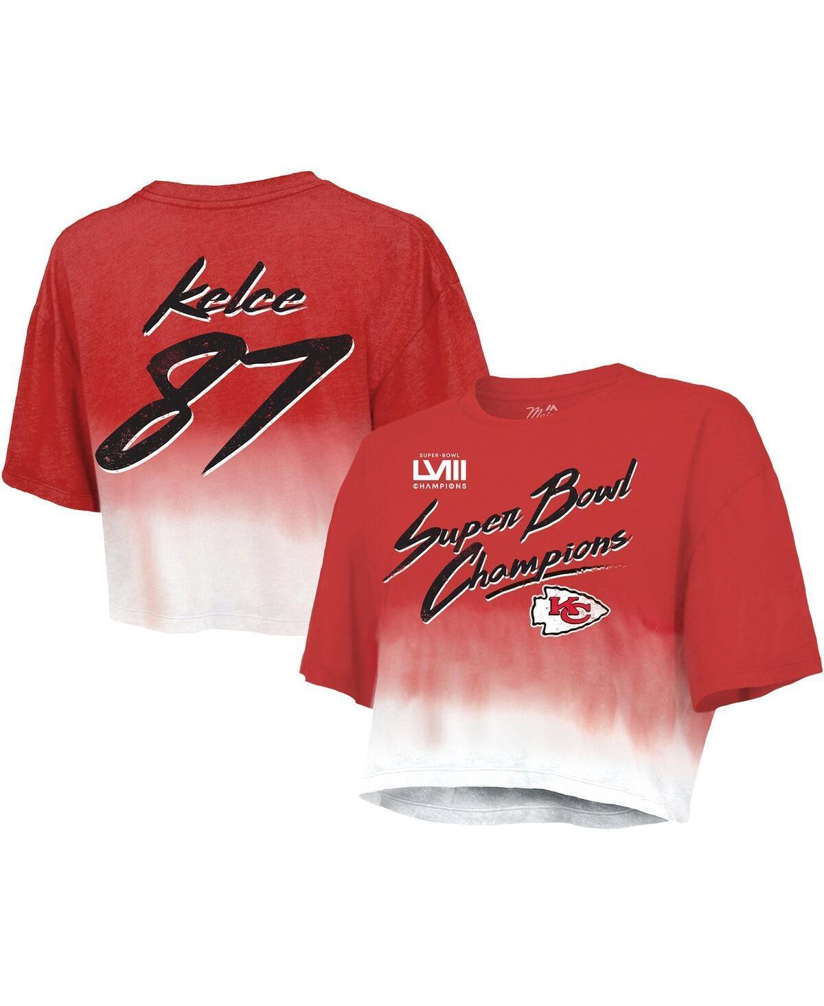 Womens Majestic Threads Travis Kelce Red Distressed Kansas City Chiefs Super Bowl Lviii Dip-Dye Player Name and Number Crop Top - Red Product Image