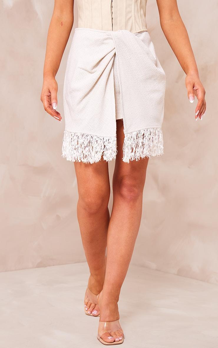 White Boucle Tassel Hem Drape Front Mini Skirt Product Image