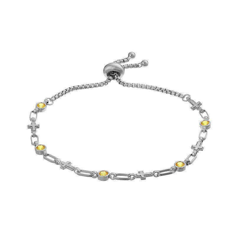 Kristen Kesho Sterling Silver Lab-Created Yellow Sapphire & Cross Link Bracelet, Womens, Size: 9.50, Grey Product Image