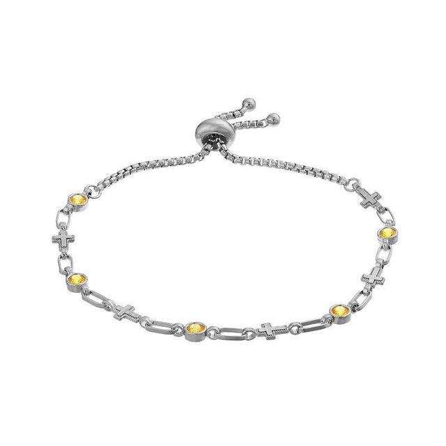 Kristen Kesho Sterling Silver Lab-Created Yellow Sapphire & Cross Link Adjustable Bolo Bracelet, Womens Product Image