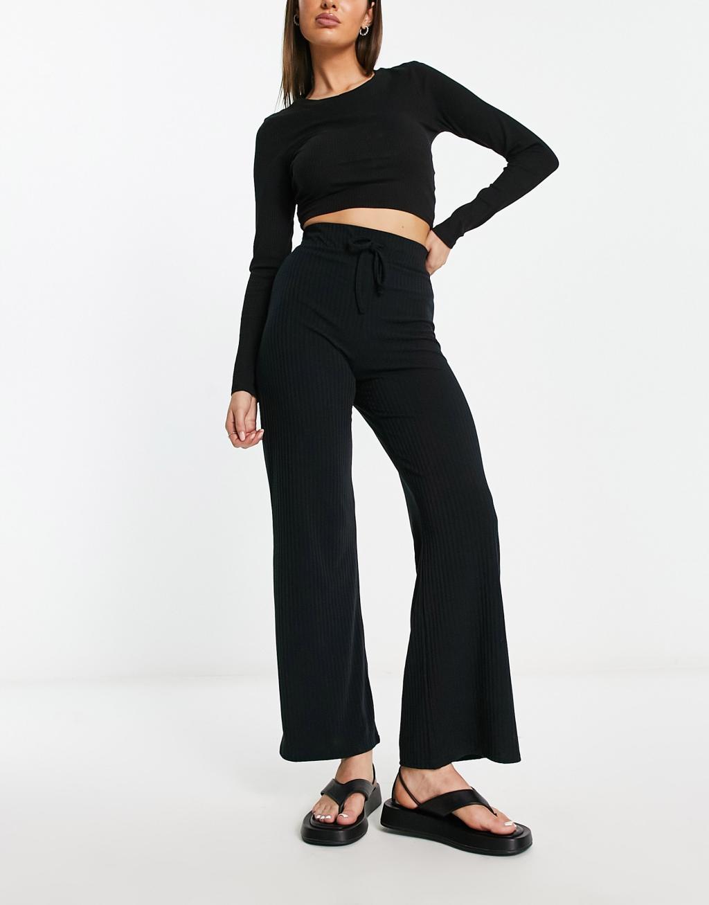 Miss Selfridge ribbed wide leg pants in black  Product Image