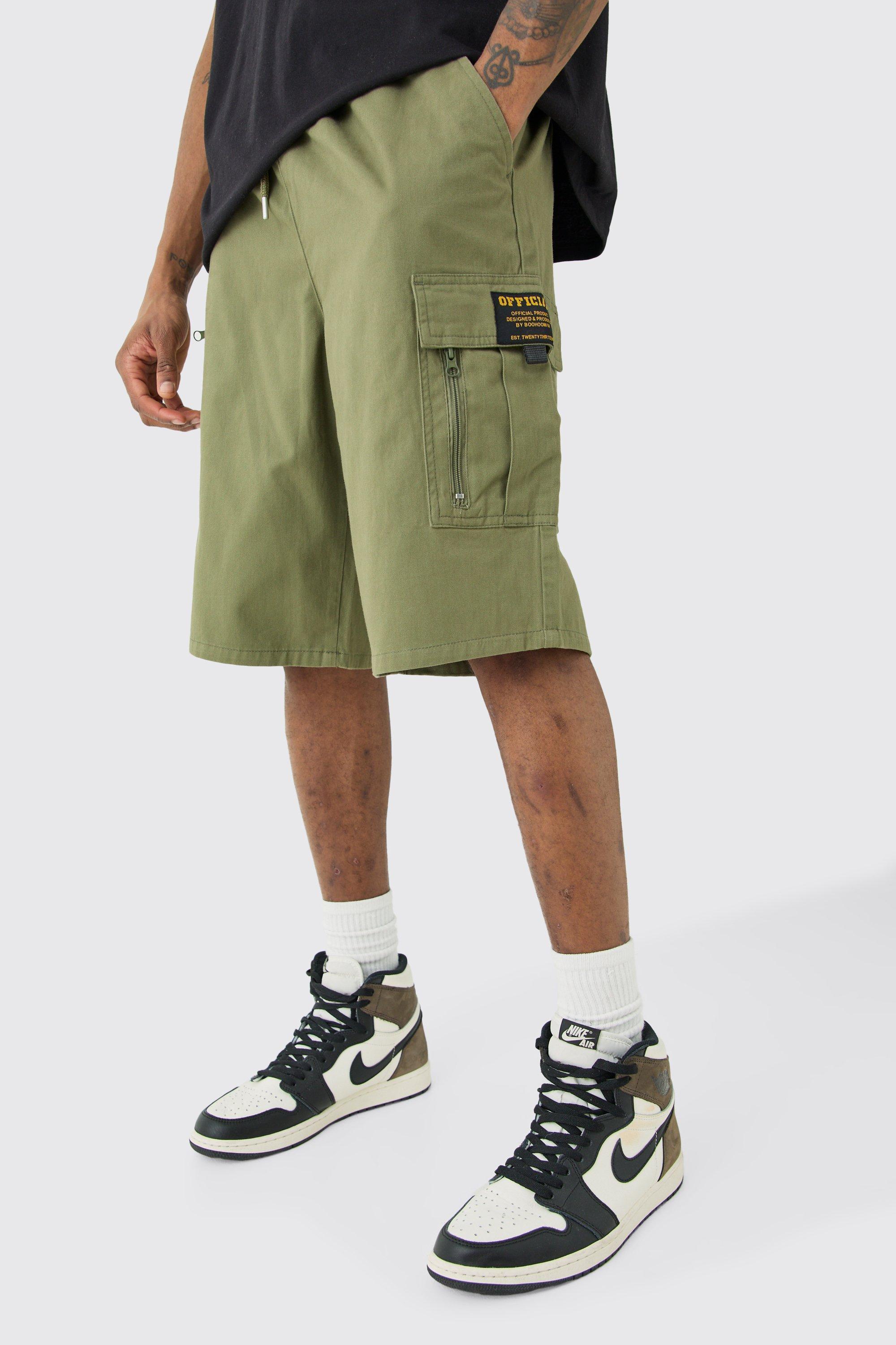 Tall Fixed Waist Twill Relaxed Cargo Zip Detail Tab Short | boohooMAN USA Product Image