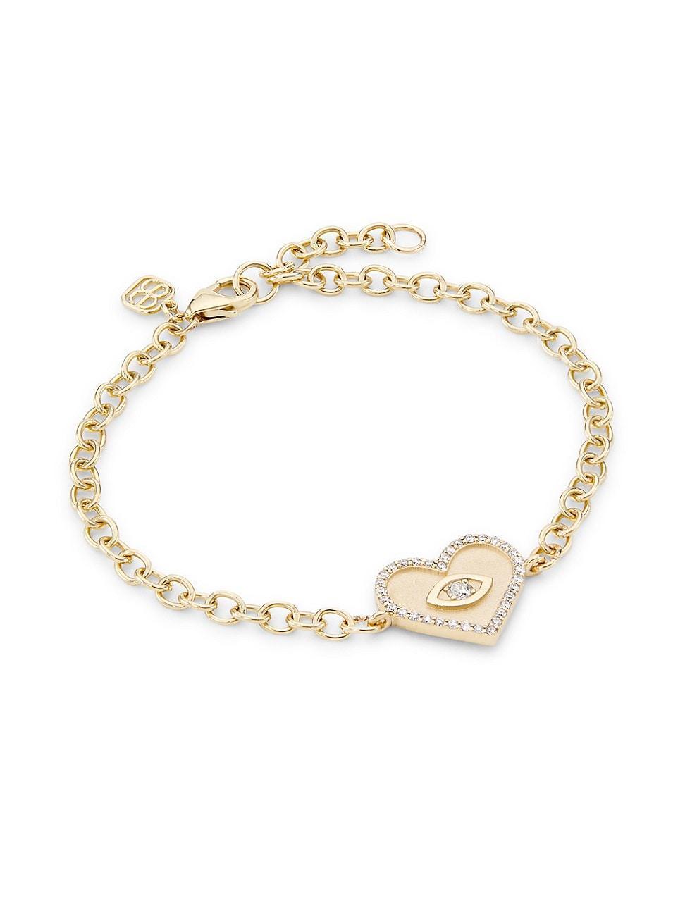 Womens 14K Yellow Gold & Diamond Medium Evil-Eye Heart Charm Bracelet Product Image