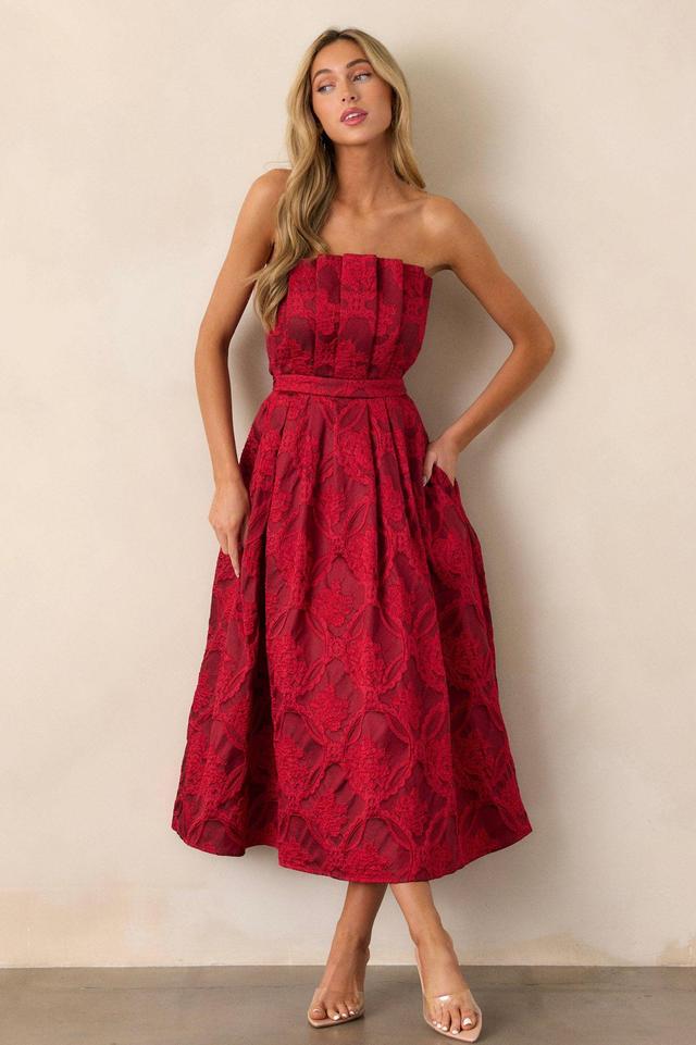 Moonstone Dreams Ruby Red Floral Jacquard Midi Dress Product Image