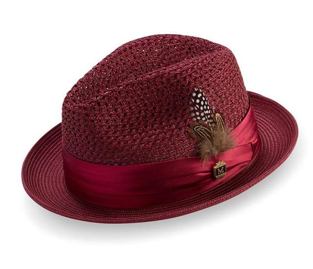 Burgundy Solid Color Pinch Braided Fedora With Matching Satin Ribbon Product Image