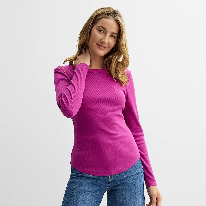 Womens Sonoma Goods For Life Rib Slim Fit Long Sleeve Tee Fantasy Pink Product Image