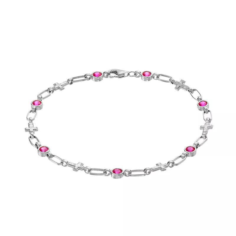 Kristen Kesho Sterling Silver Lab-Created Ruby Cross Link Bracelet, Womens Product Image