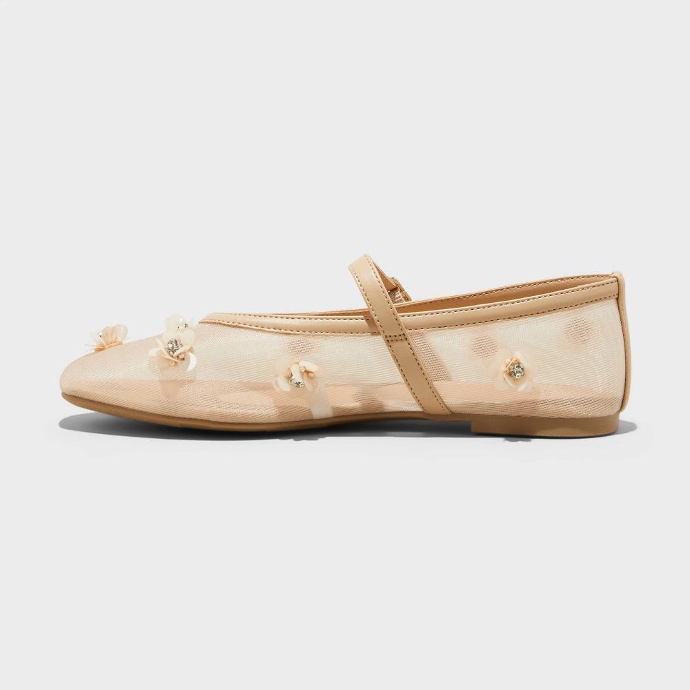 Women's Everly Floral Mesh Mary Jane Ballet Flats with Memory Foam Insole - A New Day™ Beige 12 Product Image