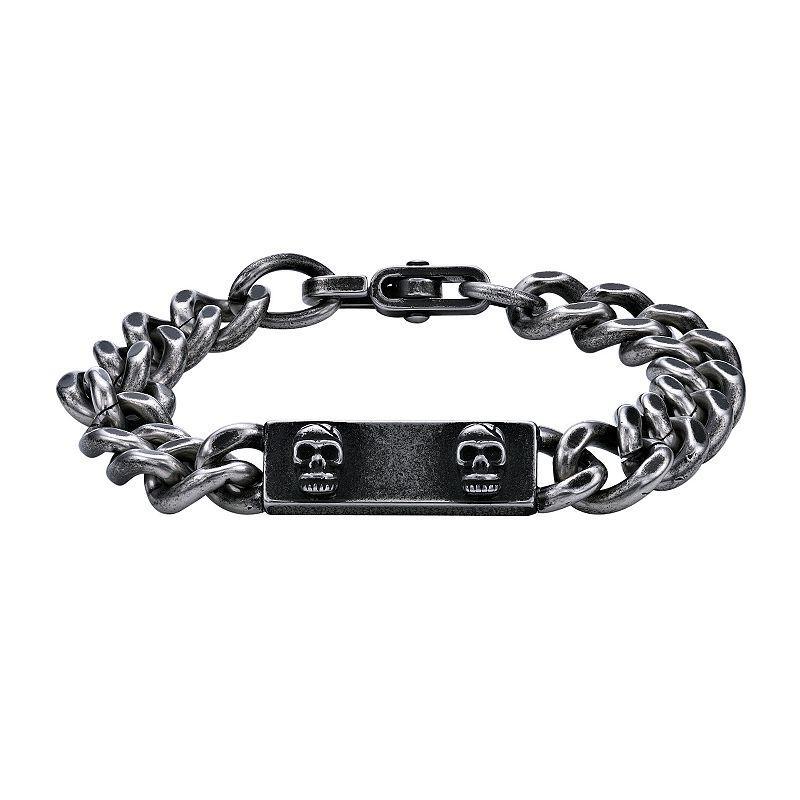 Mens LYNX Stainless Steel Antiqued Chain Skull ID Bracelet Grey Product Image