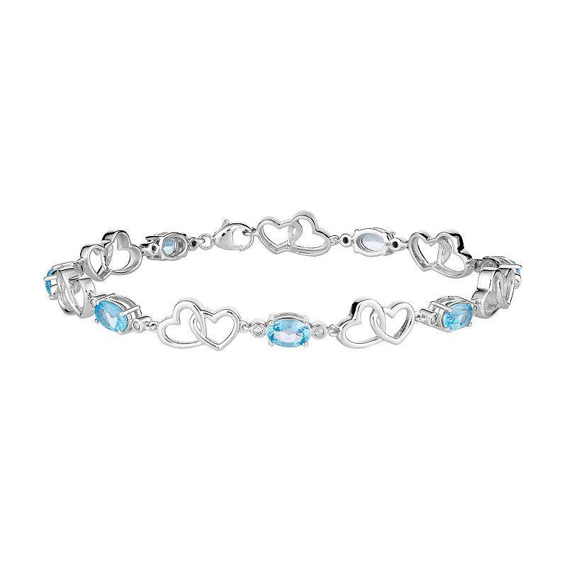 10k White Gold Swiss Blue Topaz & 1/6 Carat T.W. Diamond Double Heart Link Bracelet, Womens 10k Whgold Product Image