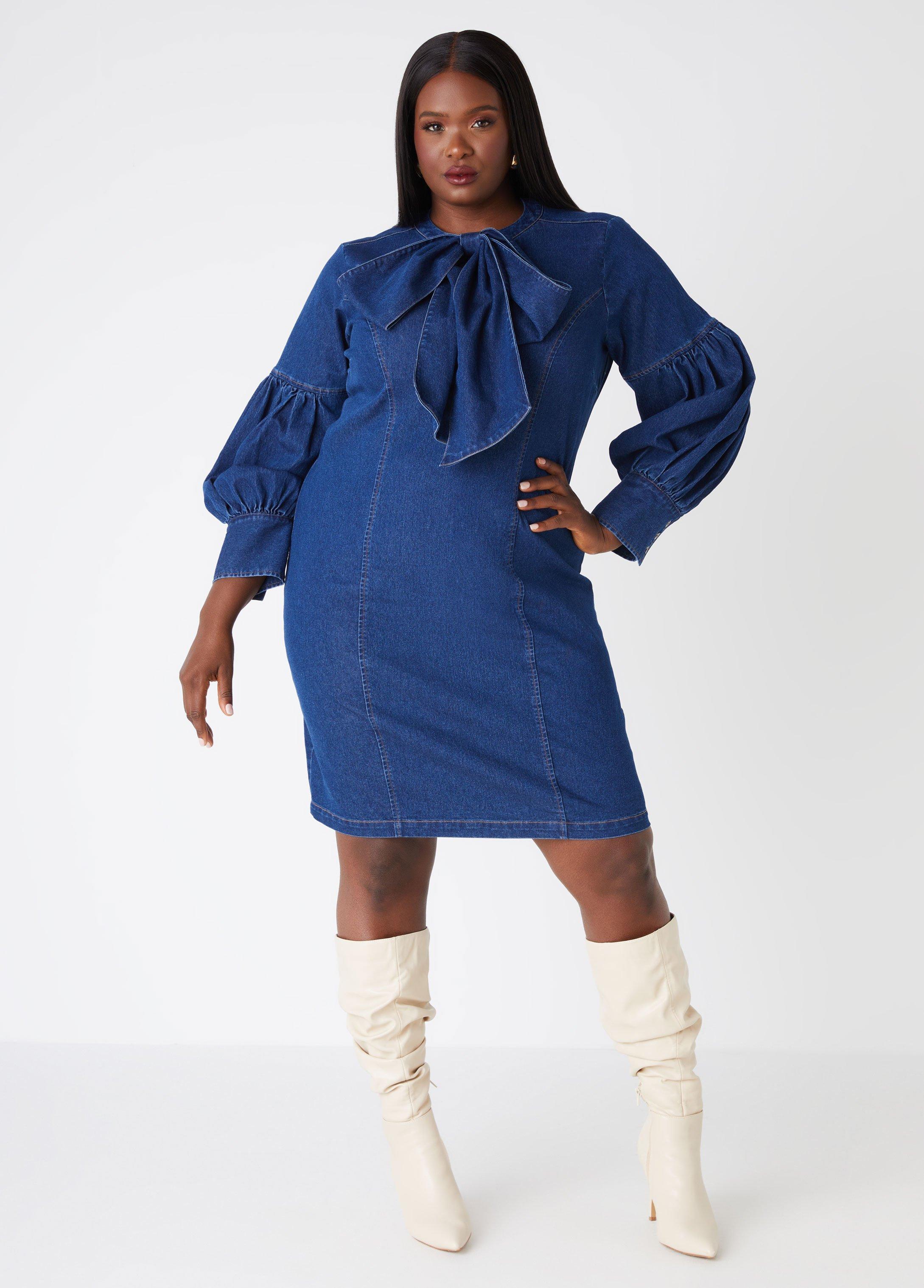 Plus Size Bow Embellished Denim Dress Ashley Stewart Product Image