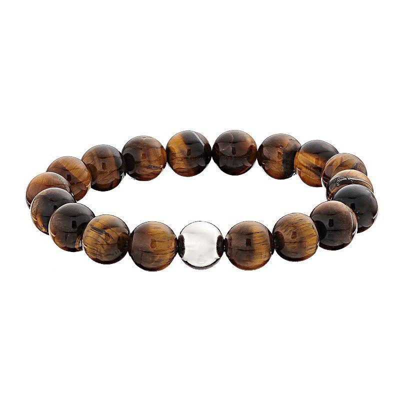 Aleure Precioso Sterling Silver 10 mm Bead Station Stretch Bracelet, Womens Sterling Tiger Eye Product Image