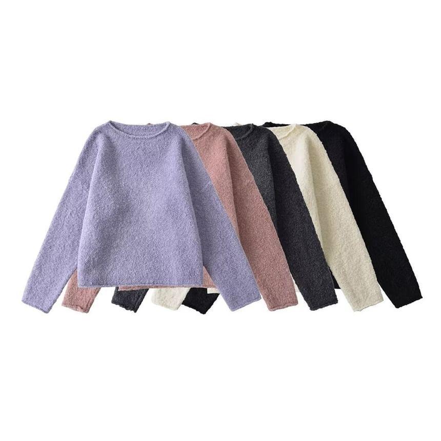 Long-Sleeve Round Neck Plain Sweater Product Image