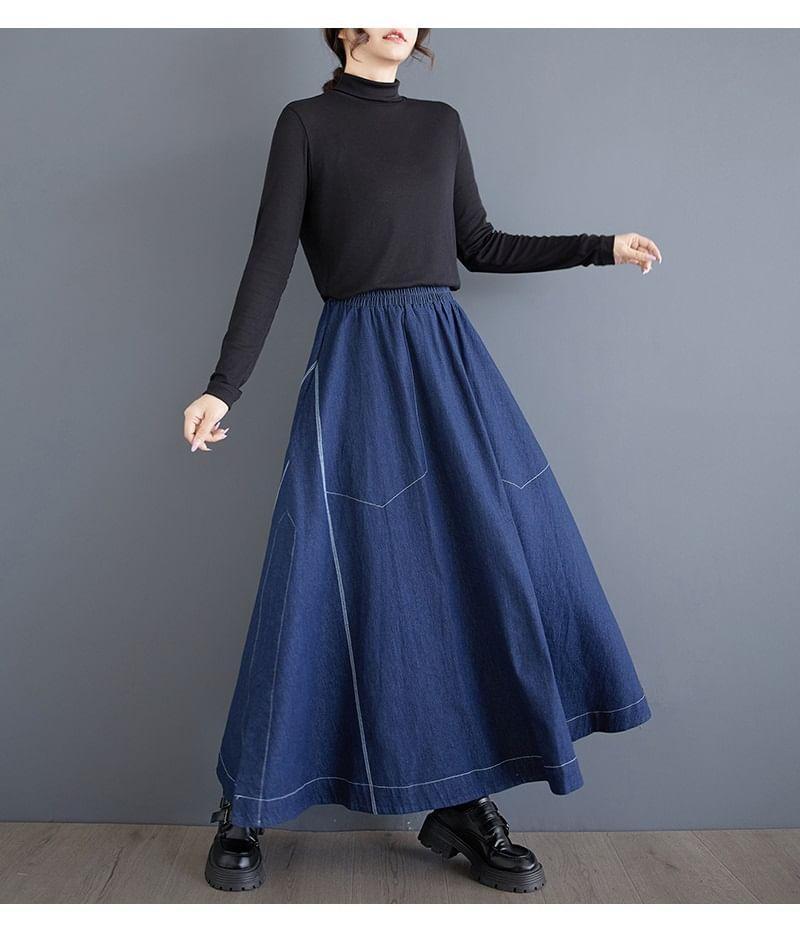 Elastic Waist Contrast Stitched Slit Denim Maxi A-Line Skirt Product Image