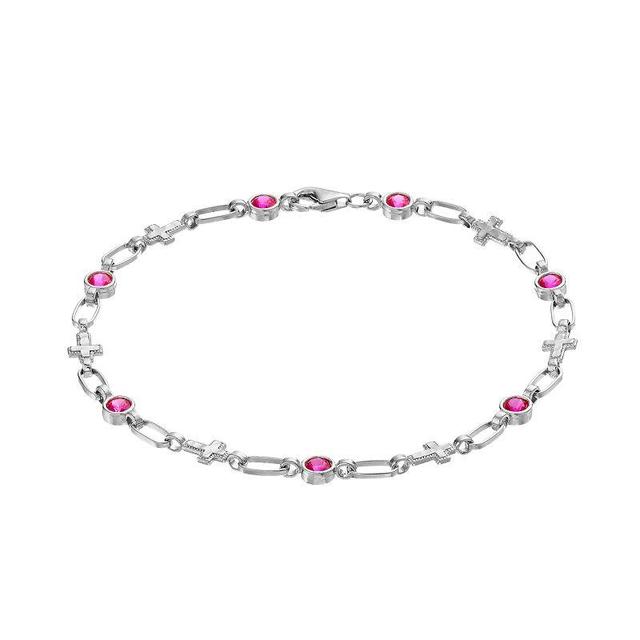 Kristen Kesho Sterling Silver Lab-Created Ruby Cross Link Bracelet, Womens Grey Product Image