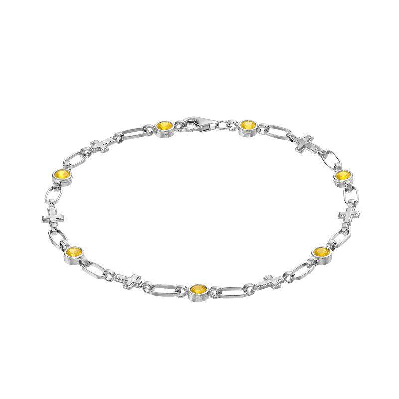 Kristen Kesho Sterling Silver Lab-Created Yellow Sapphire Cross Link Bracelet, Womens Grey Product Image