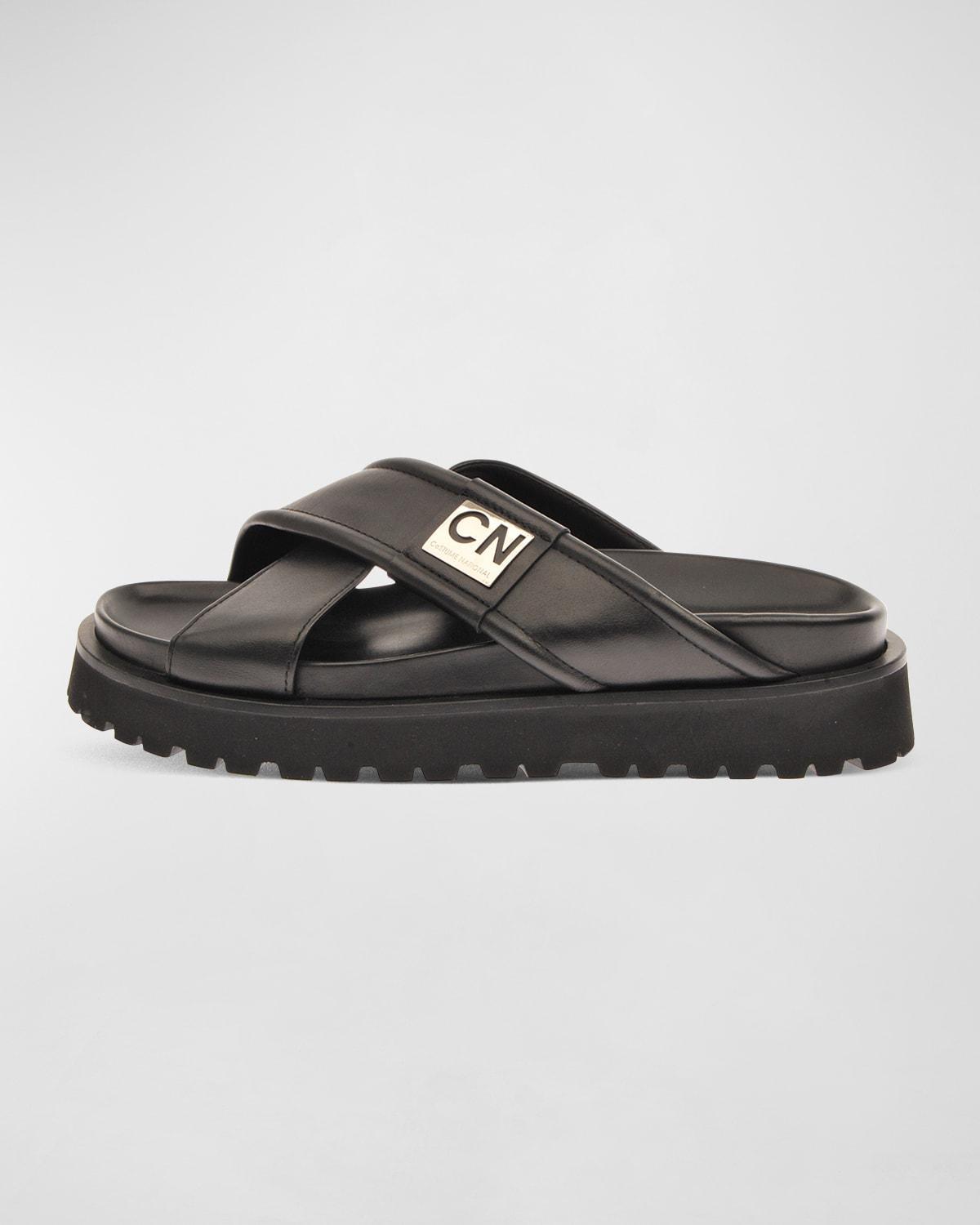 Mens Leather Chunky Sole Crisscross Slides Product Image