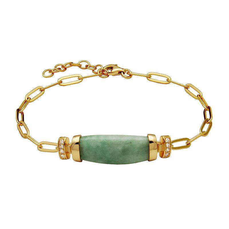 Dynasty Jade 18k Gold Over Silver Genuine Green Jade & Cubic Zirconia Paperclip Bracelet, Womens Sterling Product Image