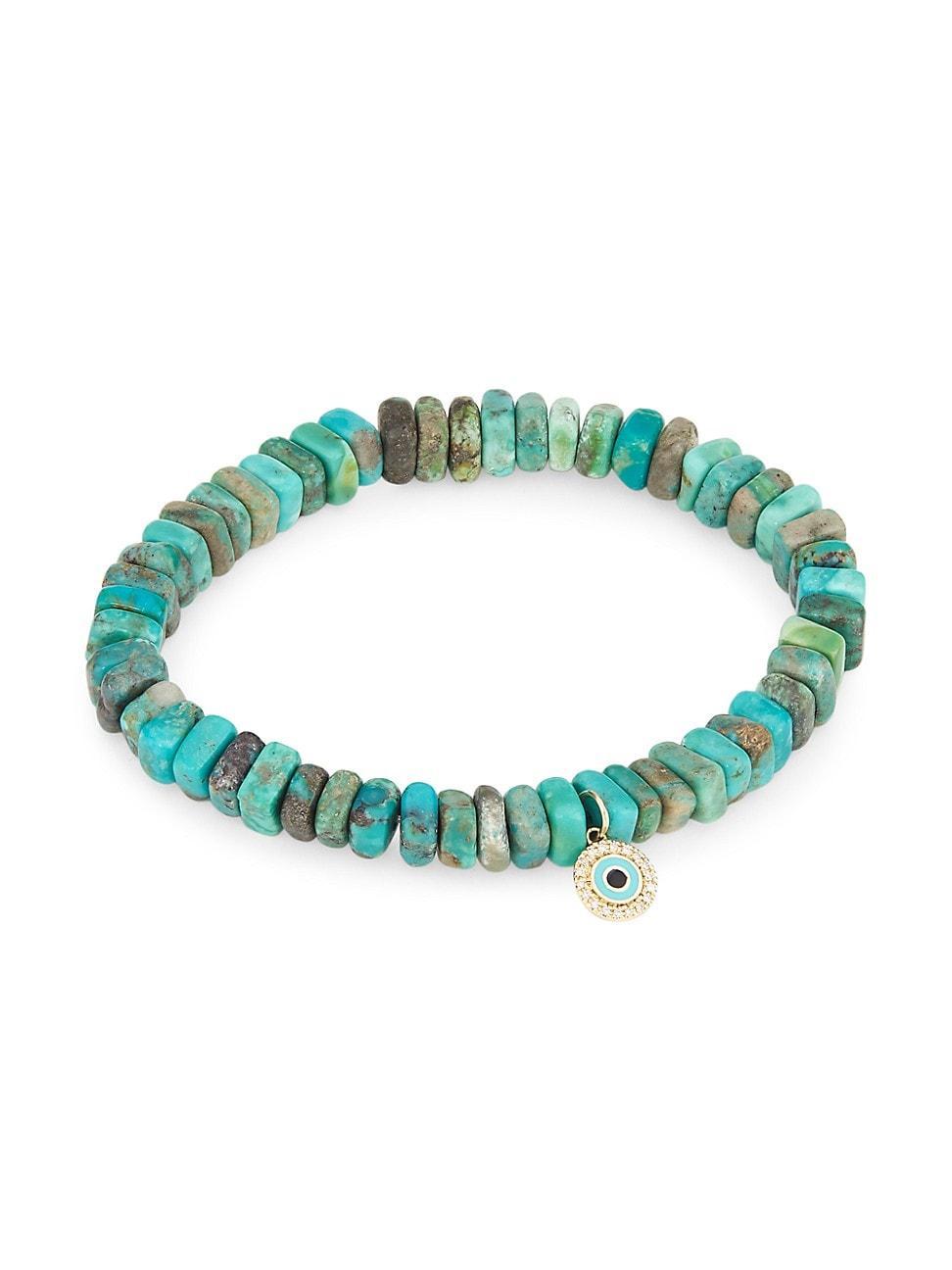 Womens 14K Yellow Gold, Turquoise, & Diamond Evil-Eye Charm Bracelet Product Image