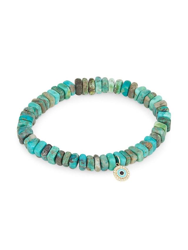 Womens 14K Yellow Gold, Turquoise, & Diamond Evil-Eye Charm Bracelet - Turquoise Product Image